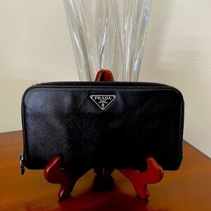 Authentic Prada Saffiano Leather Zip Around Wallet Black Silver Logo